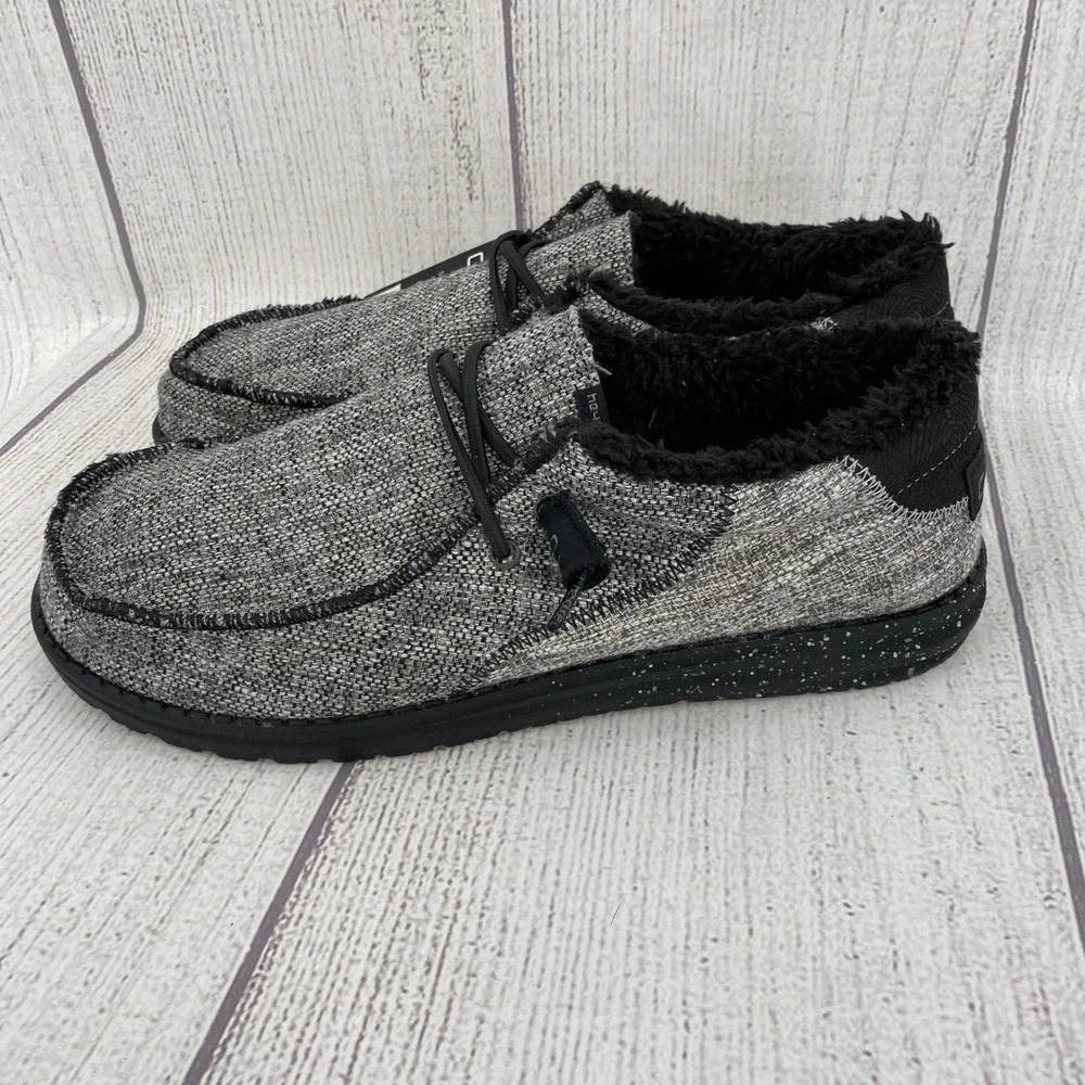 Hey Dude Wally Stitch Mens 12 Stormcloud Grey Faux Fur Lined Loafers Comfort
